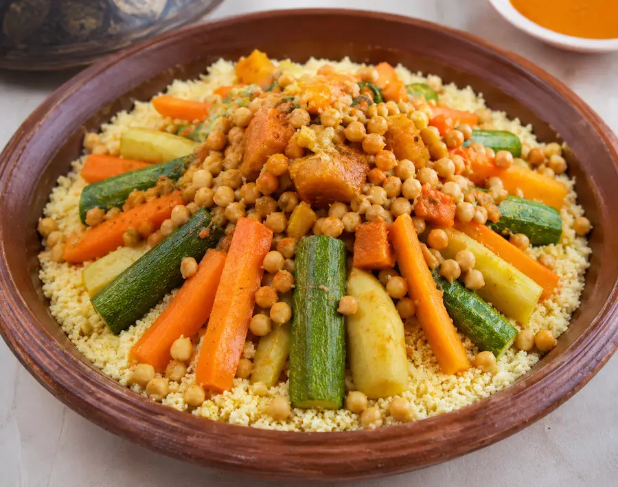 Steamed semolina Moroccan Couscous with seven vegetables and meat
